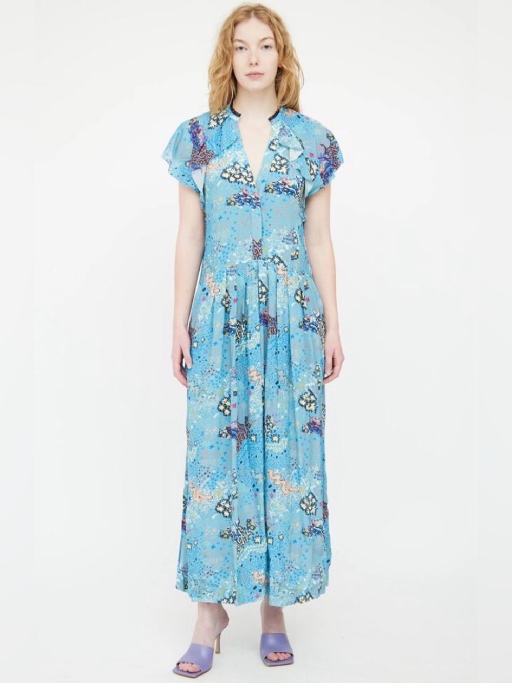 Zadig & Voltaire Ruskie Glam Flutter Cap Ruffle Maxi Dress Blue Women's Size M